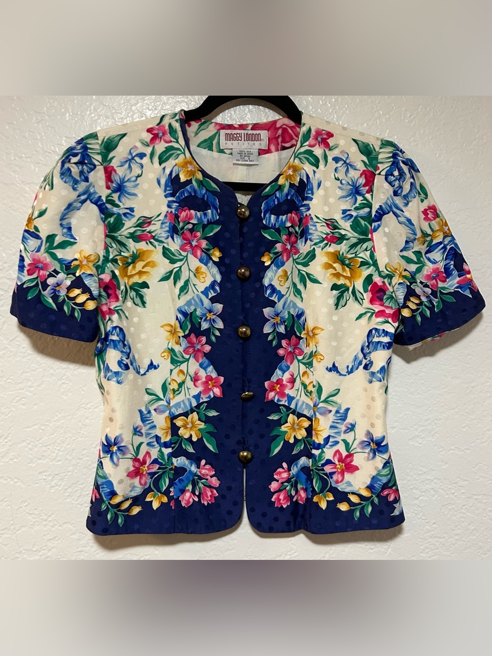 Vintage Maggy London 100% Silk Cream & Navy Floral Short Sleeve Jacket
